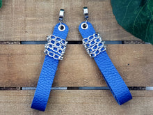 Load image into Gallery viewer, Belted Chain Leather Earrings - Cobalt Blue w/Silver