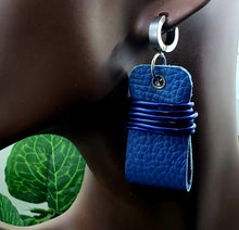 Load image into Gallery viewer, Small Belted & Wrapped Leather Earrings - Cobalt Blue