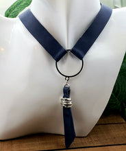 Load image into Gallery viewer, Leather Belt Choker - w/3D Fold Leather Pendant Blue w/Silver (Choker Only)