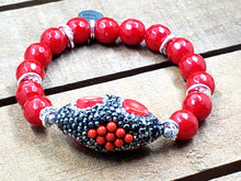 Load image into Gallery viewer, Triangled Right Hoop Earrings w/Precious Stones and Candy Red Bracelet Set