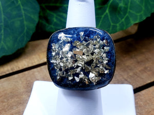 Small Groovy Denim Print Domed Ring w/Silver Crushed Glass