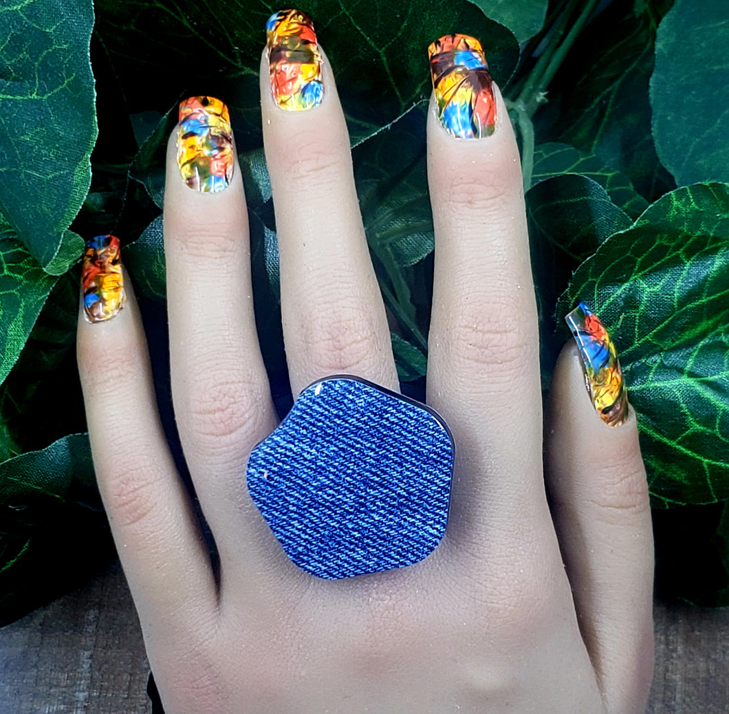 Five Side Denim Print Domed Ring