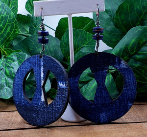 That Girl Wood Hoops - Denim Print w/Blue Lapis Bone Beads