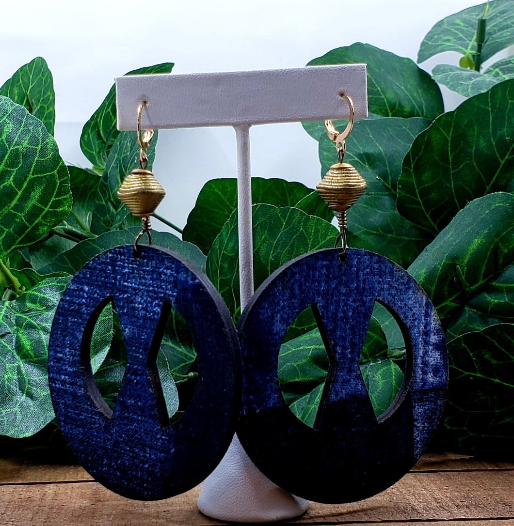 That Girl Wood Hoops - Denim Print w/Brass Beads