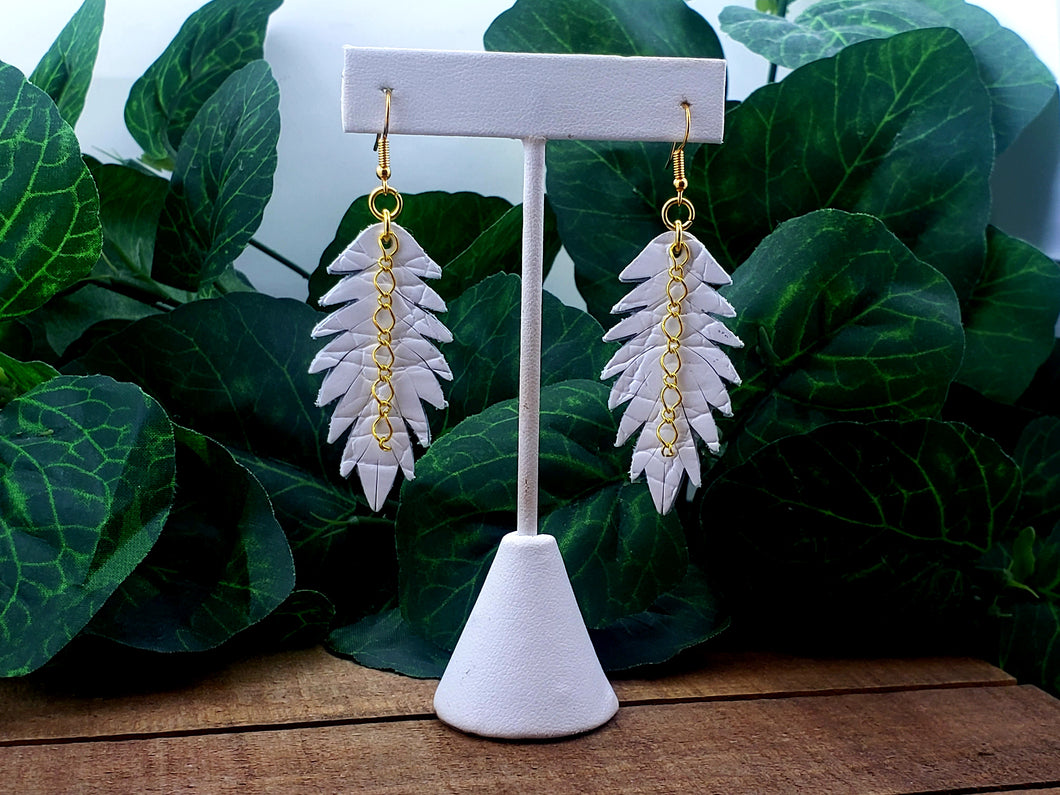 Small Double Sided Feather Leather Earrings w/Chain - White