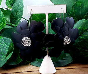 Leather Flower Earrings - Black