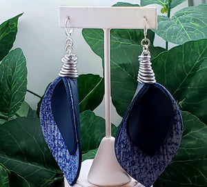 Leather Leaf Earrings - Blue and Metallic Blue