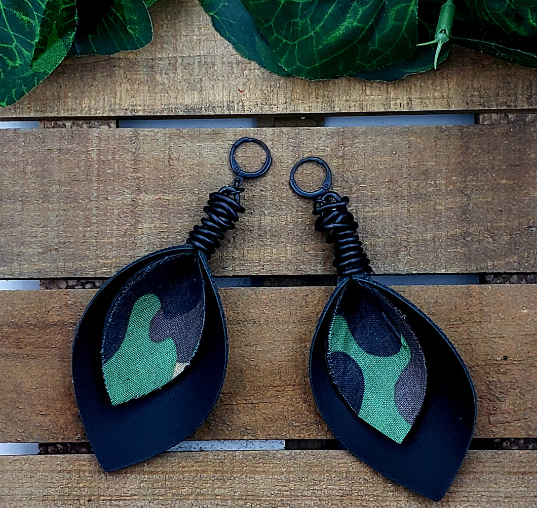 Leather Leaf Earrings - Black & Camouflage