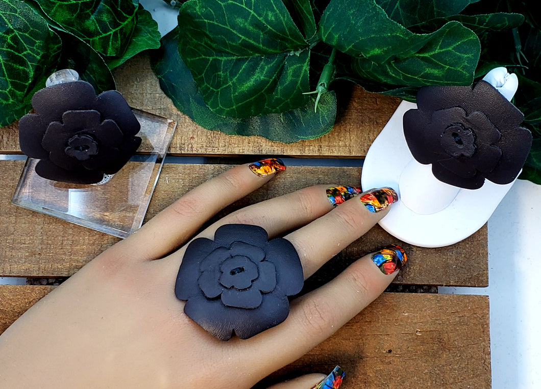 Leather Flower Ring -Brown