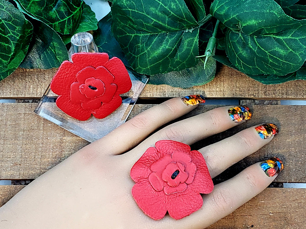 Leather Flower Ring -Red