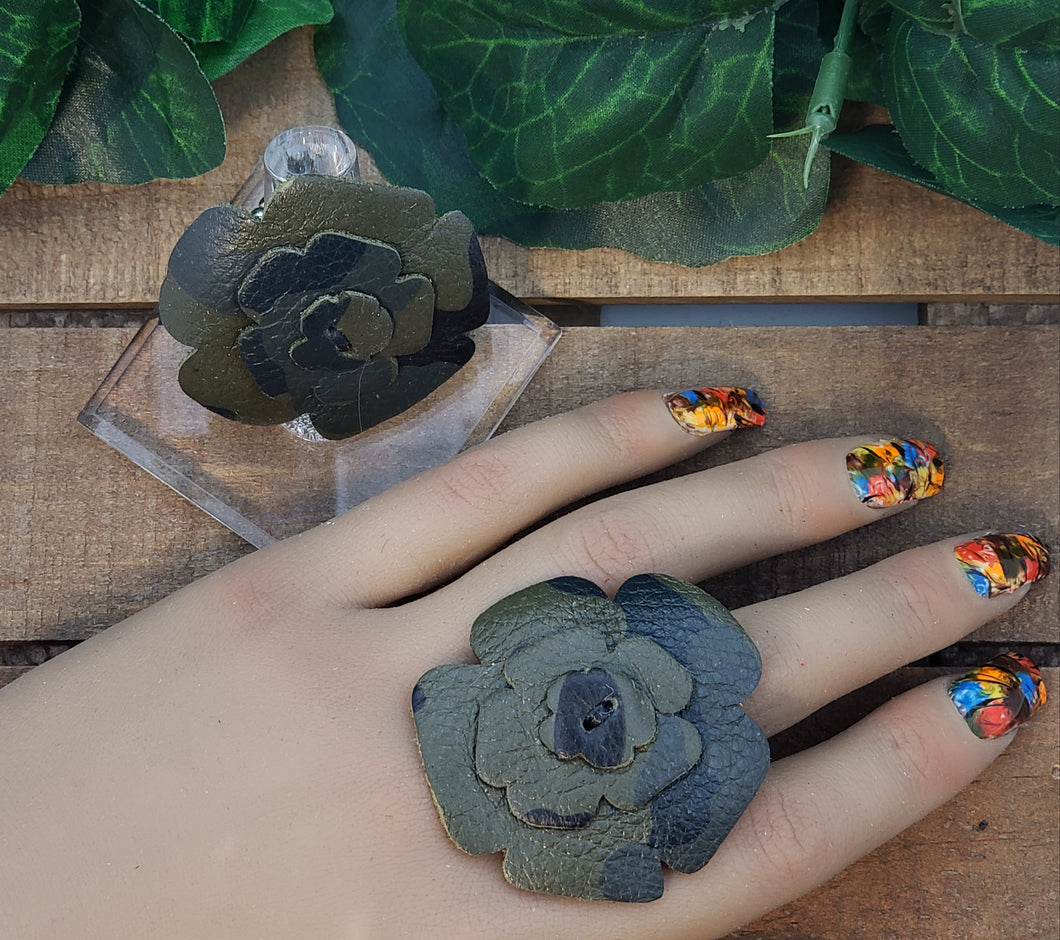 Leather Flower Ring - Camouflage