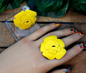 Leather Flower Ring - Yellow