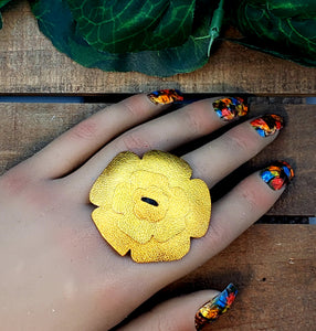 Leather Flower Ring - Metallic Gold/Orange