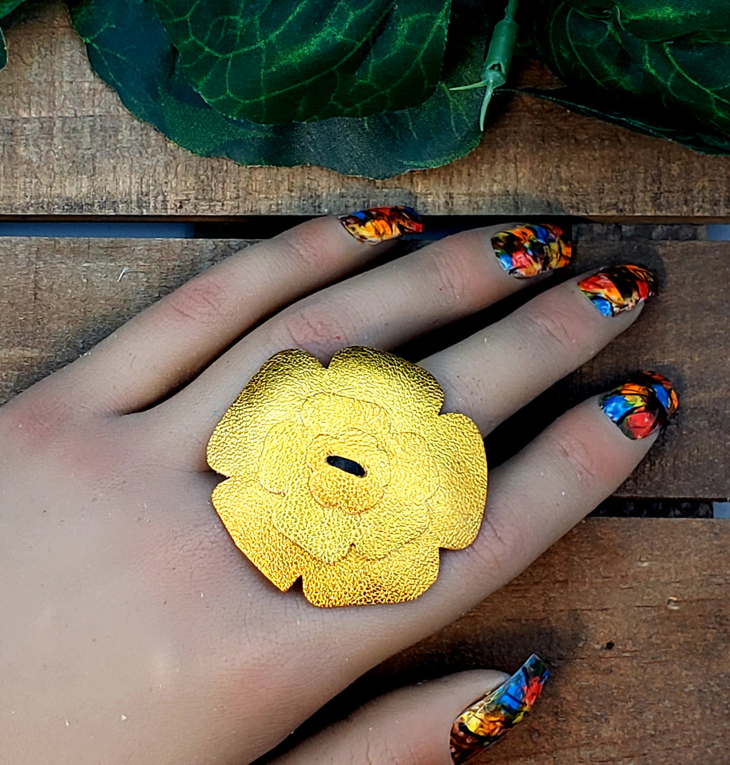 Leather Flower Ring - Metallic Gold/Orange