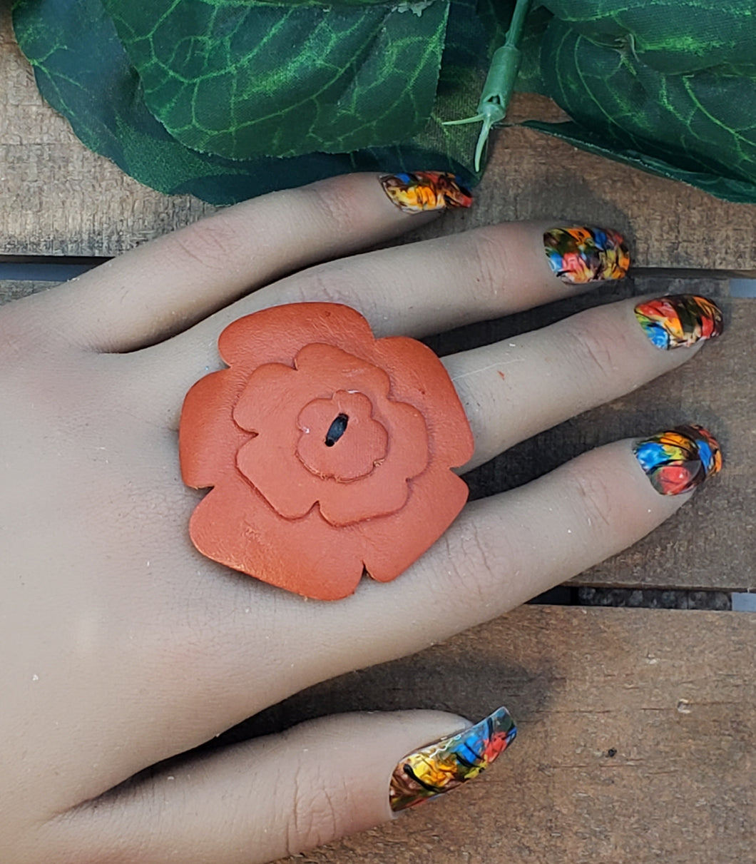 Leather Flower Ring - Orange