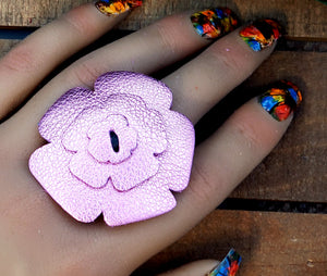 Leather Flower Ring - Metallic Pink