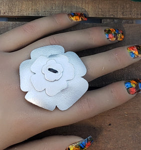 Leather Flower Ring - Silver