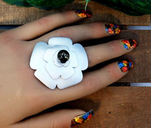 Leather Flower Ring - Silver w/Precious Stone