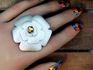 Leather Flower Ring - Gold w/Glass Bead