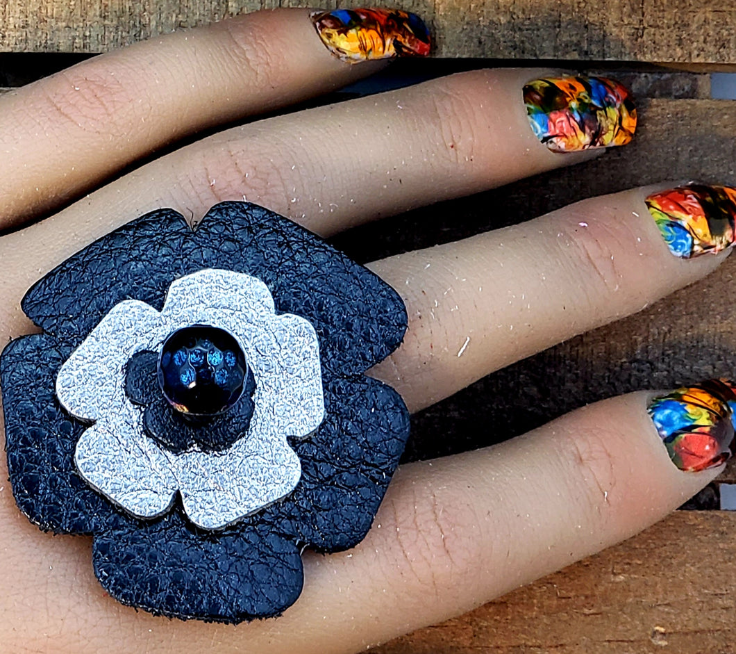 Leather Flower Ring - Metallic Black and Gray w/Precious Stone