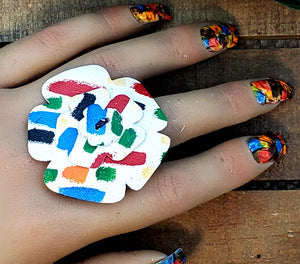 Leather Flower Ring - Multi-Color on White V1