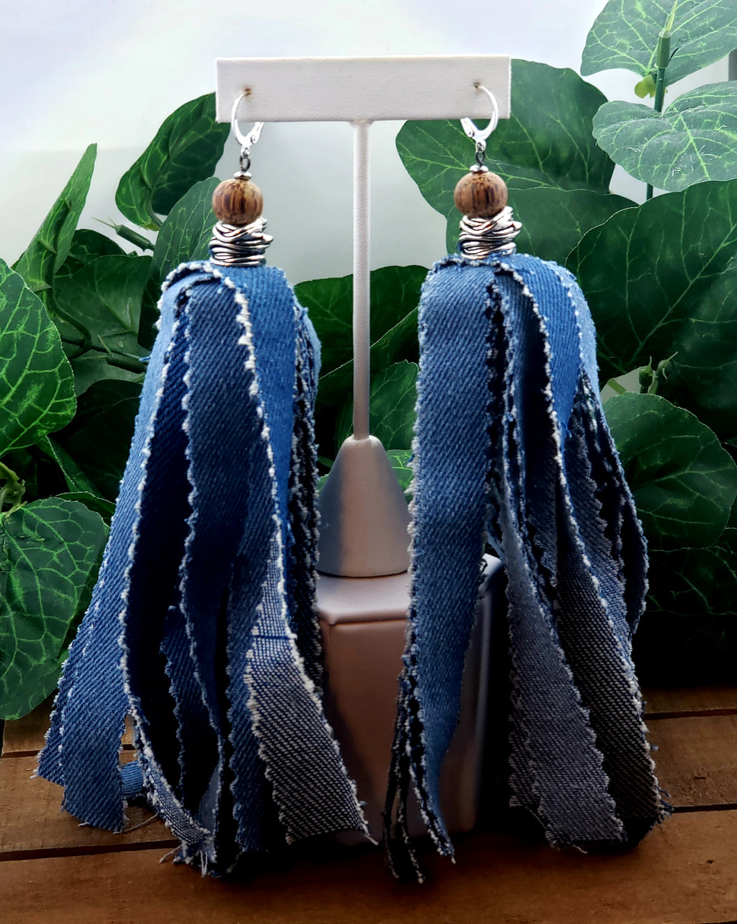 Long Tassel Denim Puff Earrings w/Silver