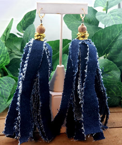 Long Tassel Denim Puff Earrings w/Gold