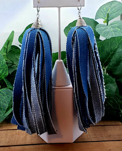 Long Tassel Denim Puff Earrings