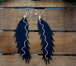 Fluffy Feather Leather Earrings w/Chain (Various Options)