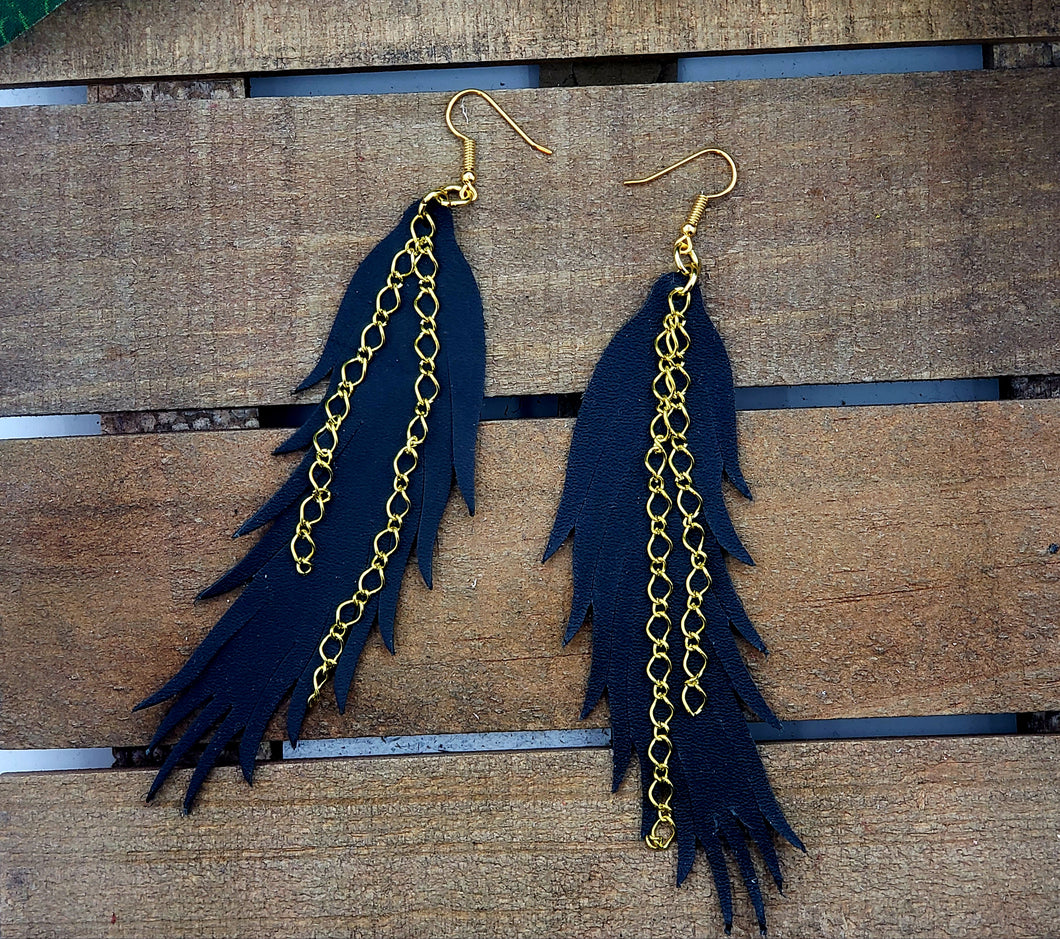 Fluffy Feather Leather Earrings w/Chain (Various Options)