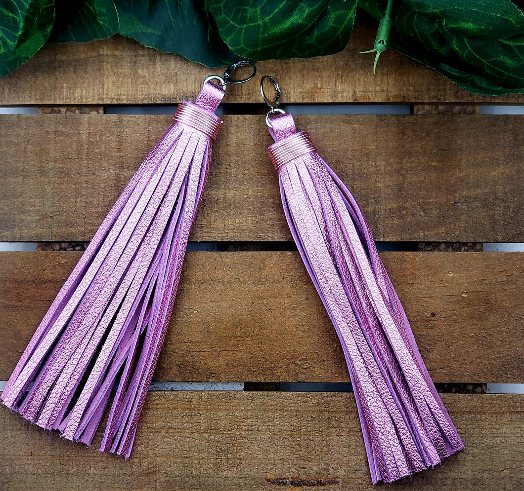 Chic Tassel Leather Earrings-Extra Long - Pink Metallic