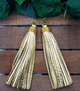 Chic Tassel Leather Earrings-Extra Long - Bright Gold Metallic