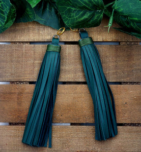 Chic Tassel Leather Earrings-Extra Long - Dark Green