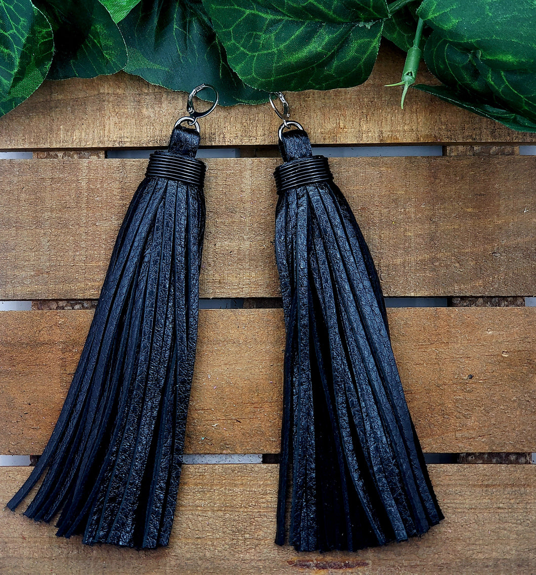 Chic Tassel Leather Earrings-Extra Long - Black