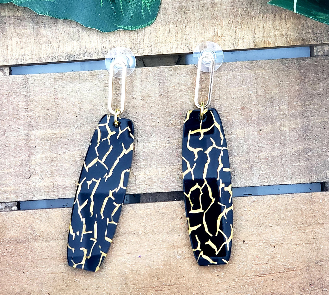 Long Elegant Oblong Earrings - Black & Gold