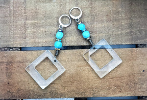 Rounded & Squared Hoop Earrings w/Cubed Stones (Med)