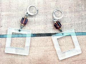 Rounded & Squared Hoop Earrings w/Cubed Stones (Med)