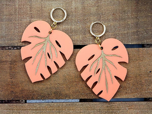 Monstera Gold Vein Leaf Earrings - Peach (Orange)