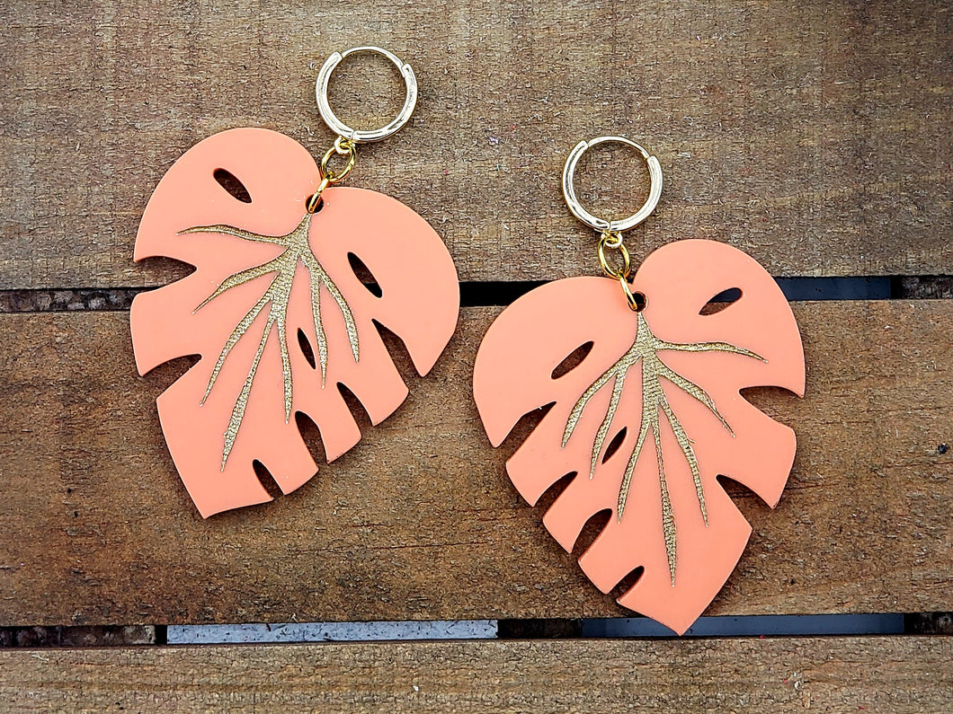 Monstera Gold Vein Leaf Earrings - Peach (Orange)