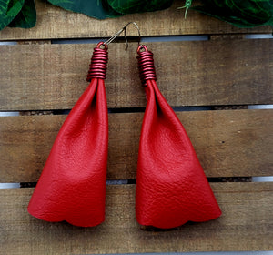 Bow Tassel Leather Earrings - Red