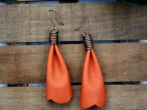 Bow Tassel Leather Earrings - Orange - MINI