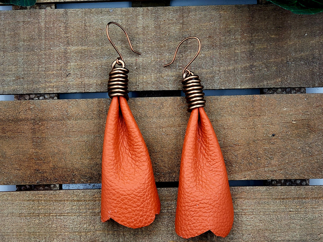 Bow Tassel Leather Earrings - Orange - MINI