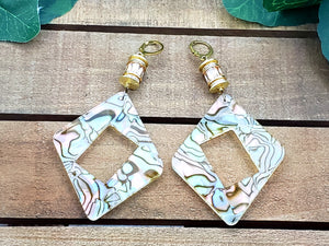 Angled Squared Hoops w/CZ Beads - Gold & White