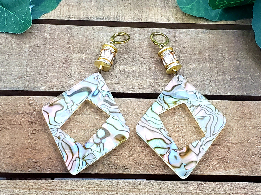 Angled Squared Hoops w/CZ Beads - Gold & White