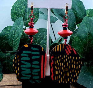 Abstract Dangle Earrings w/Beads - Kente Print