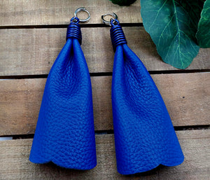 Bow Tassel Leather Earrings - Blue