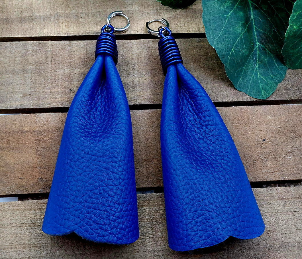 Bow Tassel Leather Earrings - Blue