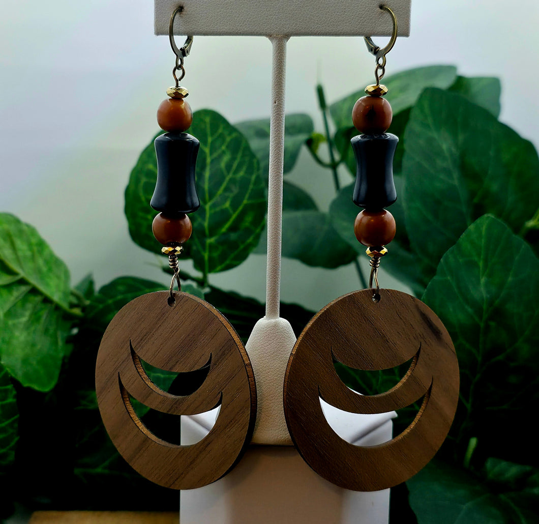 She is Still Smiling Hoops Wood Earrings Black w/Beads