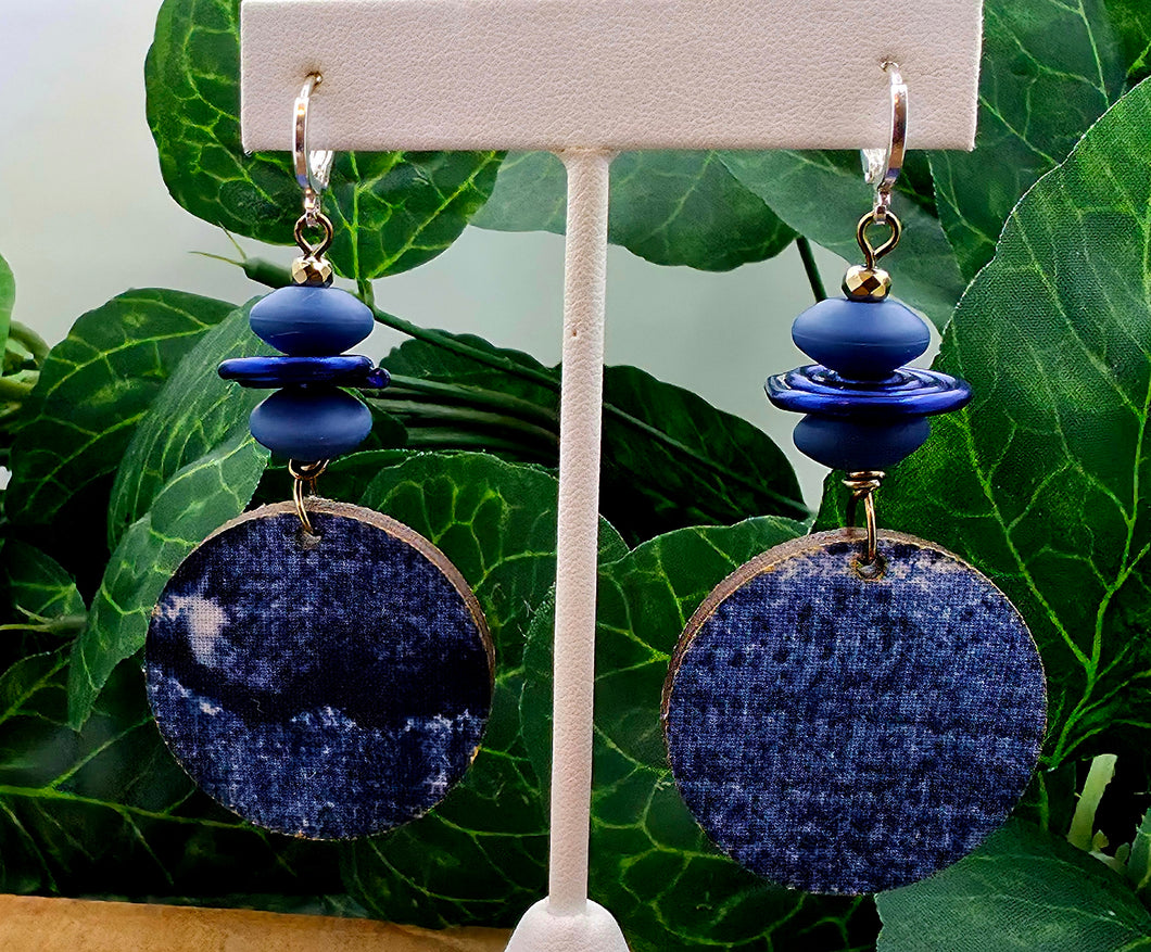 Small Round WOOD Dangles - Denim Print w/Beads