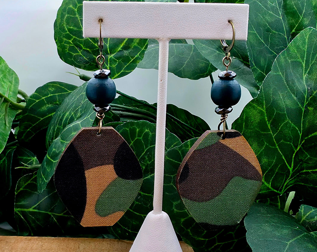 Small Denim Print Bobble Dangle Earrings w/Beads